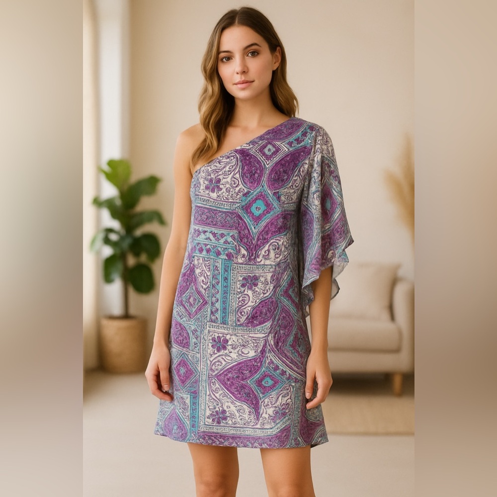 ABS Allen Schwartz Purple and Blue Ruffled Tiered One-Shoulder Dress